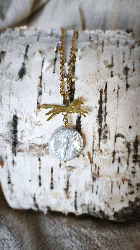 “Full Moon Horse” Necklace – Brass and Freshwater Pearls