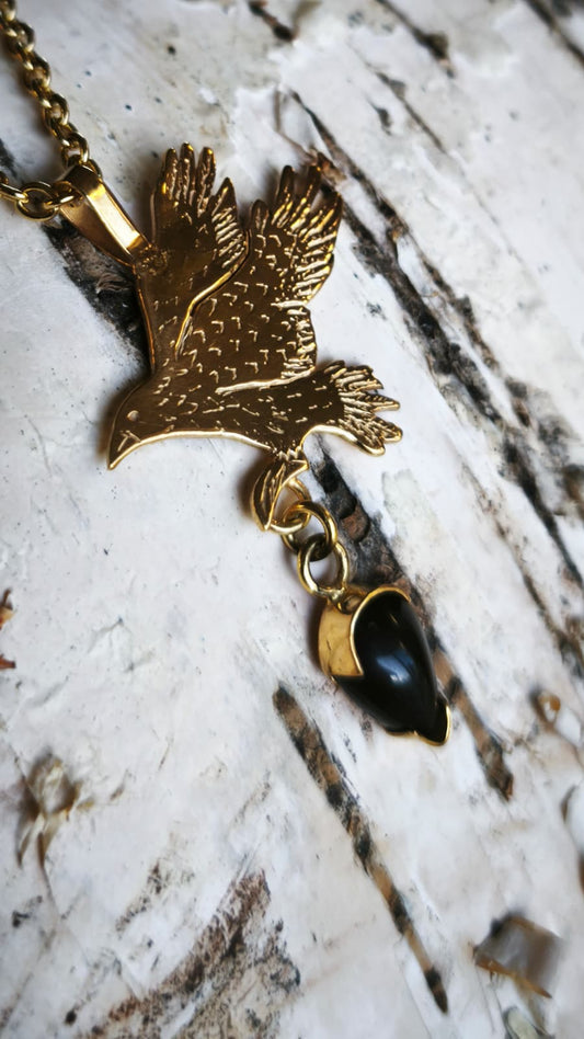 "Albedo Raven" Necklace – 18kt Gold-Plated Brass and Obsidian