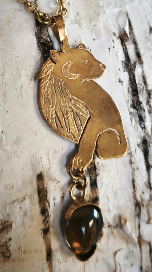 "Sacred Sleeping Bear" Necklace – 18kt gold-plated brass and smoky quartz