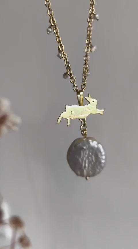 “Full Moon Hare” Necklace – Brass and Freshwater Pearls